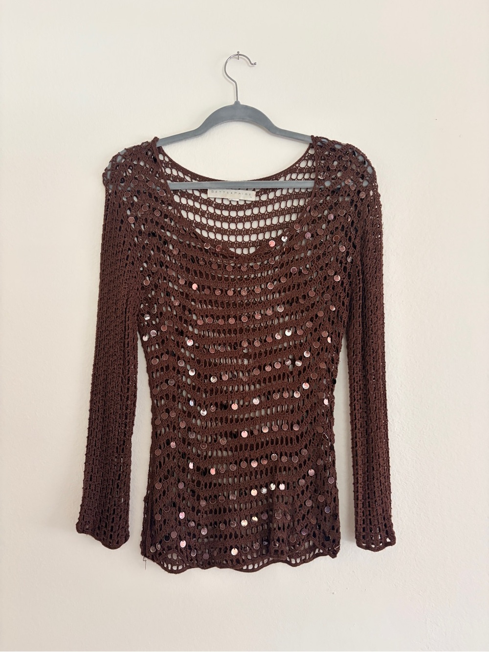 Vintage Robbie Bee Brown Crochet Sequined Long-Sleeve Top